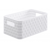 Plastový úložný box v imitaci ratanu do koupelny nebo šatny o rozměrech 126 x 185 x 280 mm a objemu 6 litrů.