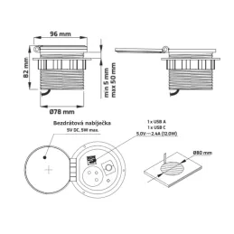 Interiérová zásuvka do stolu LUPO FRENCH 1x230V + USB A/C - Černá