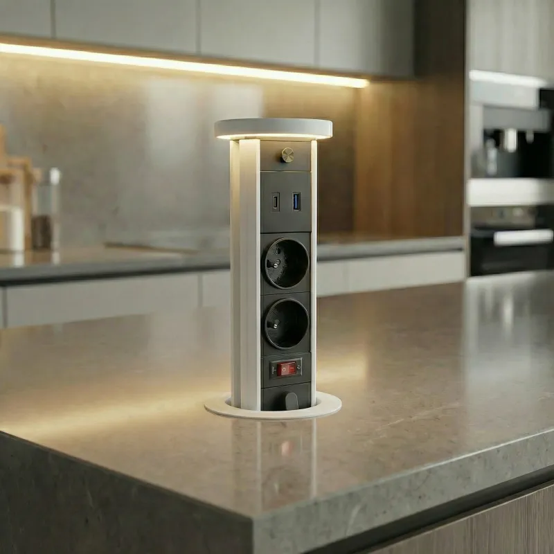 Výsuvná zásuvka LEGIA FRANCOUZSKÁ 2x230V + USB A-C + světlo / Bílá matná