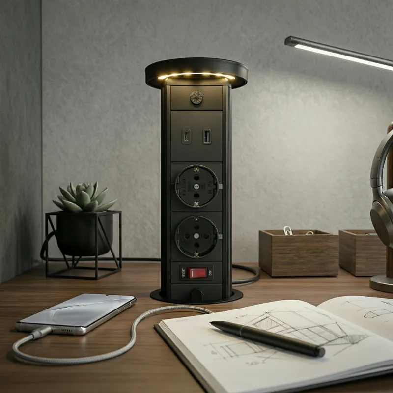 Výsuvná zásuvka LEGIA SCHUKO 2x230V + USB A-C + světlo  / Černá matná