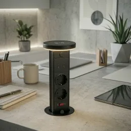 Výsuvná zásuvka LEGIA SCHUKO 2x230V + USB A-C + světlo  / Černá matná