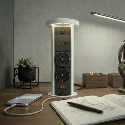 Výsuvná zásuvka LEGIA SCHUKO 2x230V + USB A-C + světlo  / Bílá matná