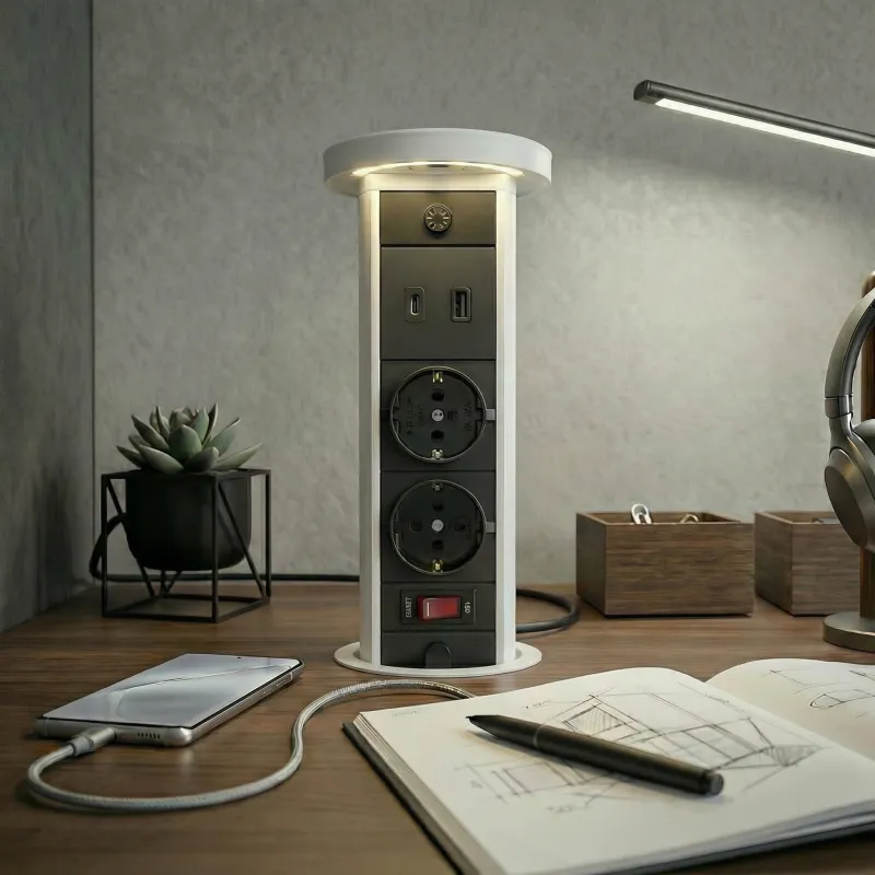 Výsuvná zásuvka LEGIA SCHUKO 2x230V + USB A-C + světlo  / Bílá matná