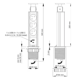 Výsuvná elektrická zásuvka ASTRA FRANCOUZSKÁ 3x230V + 2x USB nabíjení / Černá
