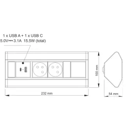 Interiérová zásuvková lišta CORNER FRENCH 2x 230V +2x USB / Černá - nerez