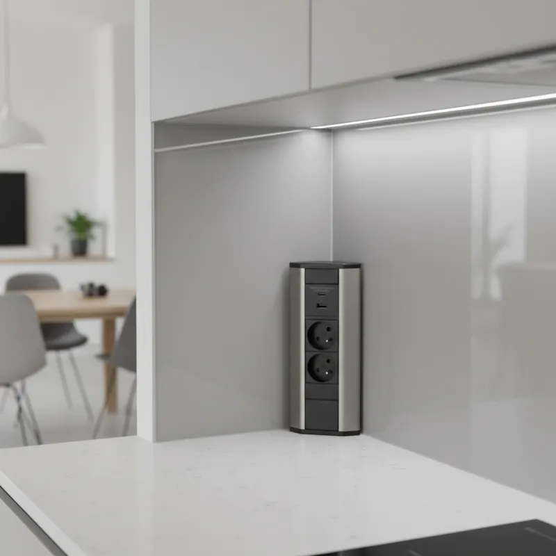 Interiérová zásuvková lišta CORNER FRENCH 2x 230V +2x USB / Černá - nerez