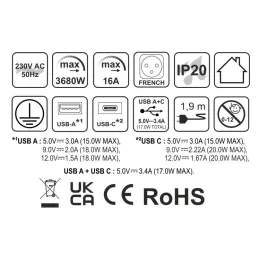 Elektrická zásuvka SLIDE 1x230V + 1xUSB C+A FRENCH / Černá matná