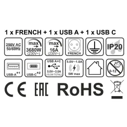 Interiérová zásuvka do stolu LUPO FRENCH 1x230V + USB A/C - Černá