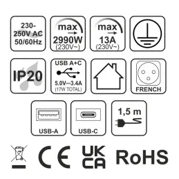 Elektrická zásuvková lišta EUROBOX 2x230V + 1xUSB C+A FRENCH / Černá matná