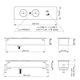 Elektrická zásuvková lišta EUROBOX 2x230V + 1xUSB C+A FRENCH / Černá matná