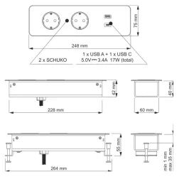 Elektrická zásuvková lišta EUROBOX 2x230V + 1xUSB C+A SCHUKO / Černá matná