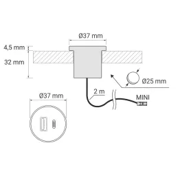 Interiérová 2 x USB A-C nabíječka do stolu 25mm PLUGY / Černá matná