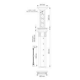 Automatická výsuvná elektrická zásuvka ASTRA SCHUKO 3x230V + 2xUSB A-C / Černá