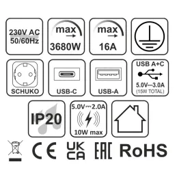 Automatická výsuvná elektrická zásuvka ASTRA SCHUKO 3x230V + 2xUSB A-C / Hliník
