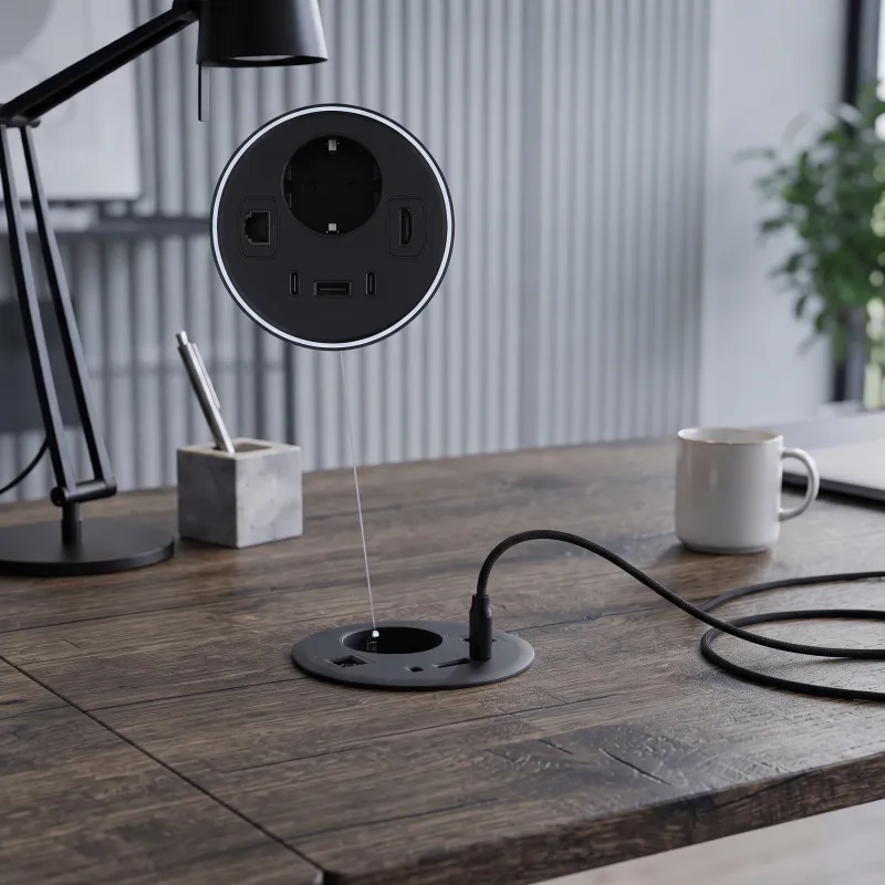 Vnitřní zásuvka do stolu OFFICE SMART 80 SCHUKO 1x230V + USB A-C + HDMI + Rj45 / Černá