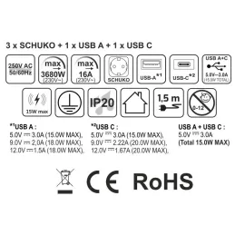 Automatická výsuvná zásuvka AMBIENTE SCHUKO 3x230V + USB A-C s osvětlením a nabíjením / Černé sklo