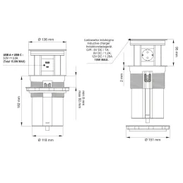 Automatická výsuvná zásuvka AMBIENTE SCHUKO 3x230V + USB A-C s osvětlením a nabíjením / Černé sklo