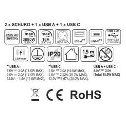 Výsuvná zásuvka AVION SCHUKO 2x230V + USB A-C a indukčním nabíjením / Černá matná
