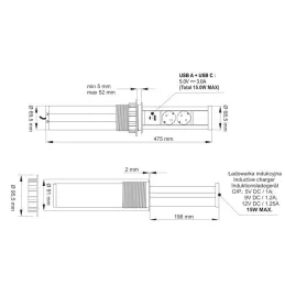 Výsuvná zásuvka AVION SCHUKO 2x230V + USB A-C a indukčním nabíjením / Černá matná