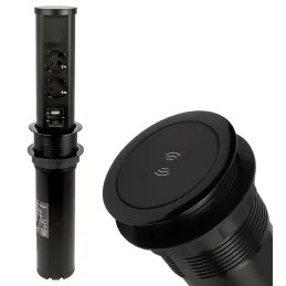 Výsuvná zásuvka AVION SCHUKO 2x230V + USB A-C a indukčním nabíjením / Černá matná