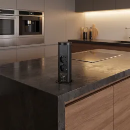Výsuvná zásuvka AVION SCHUKO 2x230V + USB A-C a indukčním nabíjením / Černá matná