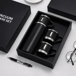 Designová termoska se 3 skleničkami 400 ml / Černá matná
